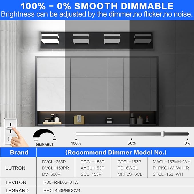 SOLFART Black Bathroom Light Fixtures, 4 Lights Bathroom LED Light, LED Dimmable Vanity Lights Cool White 6000K & 0%-100% Brightness Dimmable