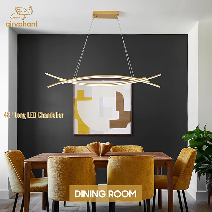 48" Modern LED Chandelier 4-Light Island Light Remote Control Linear LED Chandelier Dimmable Chandeliers Pendant Light for Kitchen Island Over Rectangular Dining Room Table, 45W