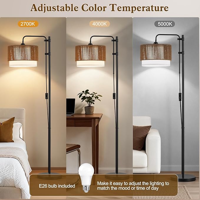 GyroVu Rattan Floor Lamp for Living Room, 3 Color Temperatures LED Bulb Included, Farmhouse Boho Arc Standing Lamp, Handwoven Tall Lamps for Bedroom, Home Office, Corner