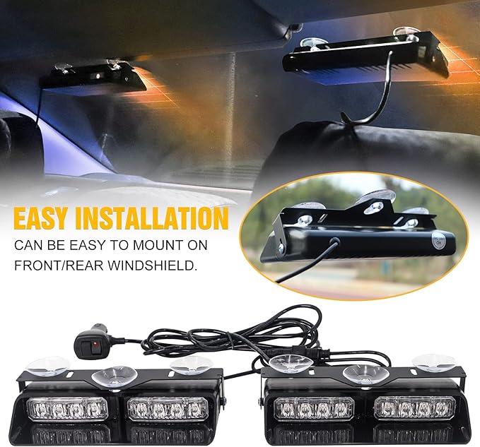 XRIDONSEN 2 in 1 Dash Emergency Strobe Lights Front/Rear Amber Blue Windshield Lights Warning Safety Flashing w/Suction Cups for Volunteer Vehicles, Trucks（Amber/Blue
