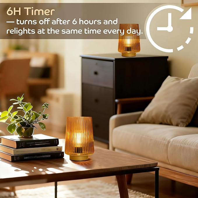 Battery Operated Decorative Lamp with Timer, Small Cozy Table Lamp for Bedside & Home Decor, Aesthetic Cordless Battery Powered Accent Lamp for Living Room Shelf, Amber