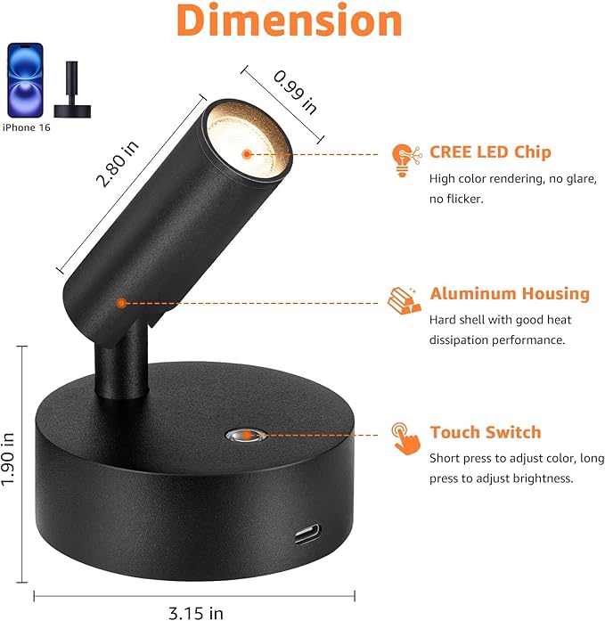 3CCT LED Wireless Spotlight Indoor Rechargeable Picture Lights Battery Operated Spot Light Uplighting Indoor with Remote Dimmable Accent Lighting for Artwork Plant Tree Wall Painting, 1 Pack