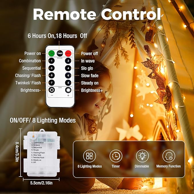 litogo 33FT 100LED Fairy Lights Battery Operated with Remote and Timer - 3 Pack IP65 Waterproof Outdoor Twinkle Lights, Copper Wire Indoor String Lights for Wedding Tree Christmas Decor, Warm White