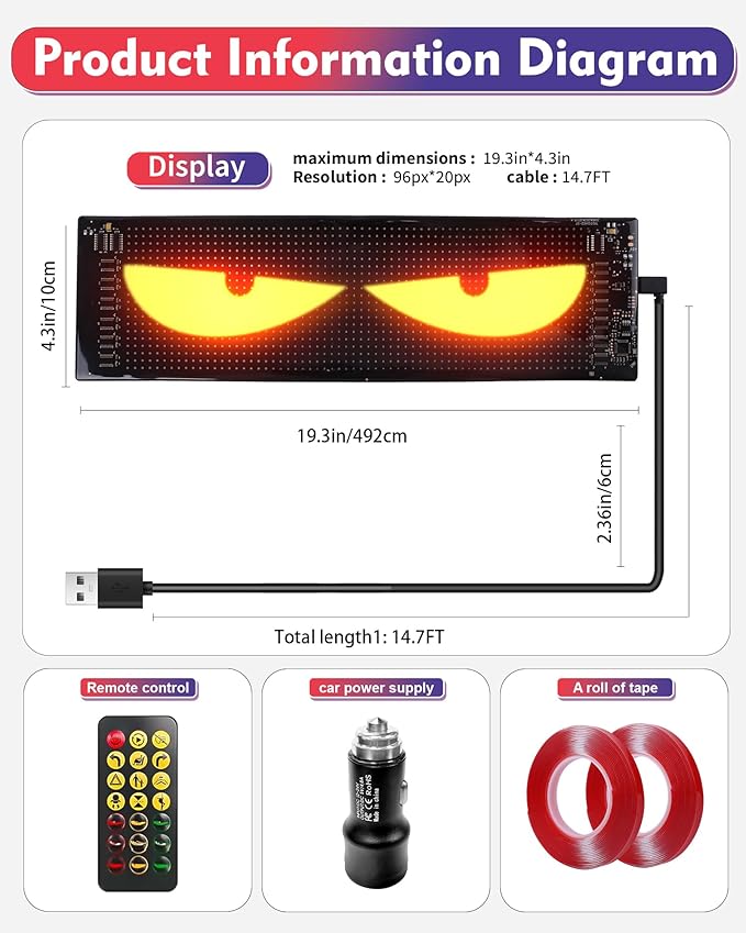 Devil's Eye 2-Pack: 19.3"x4.3" Dual LED Eyes – Perfect Sync Windshield Display for Cars, SUVs & Trucks | Programmable USB Matrix, App/Remote Control, Custom Car Sign