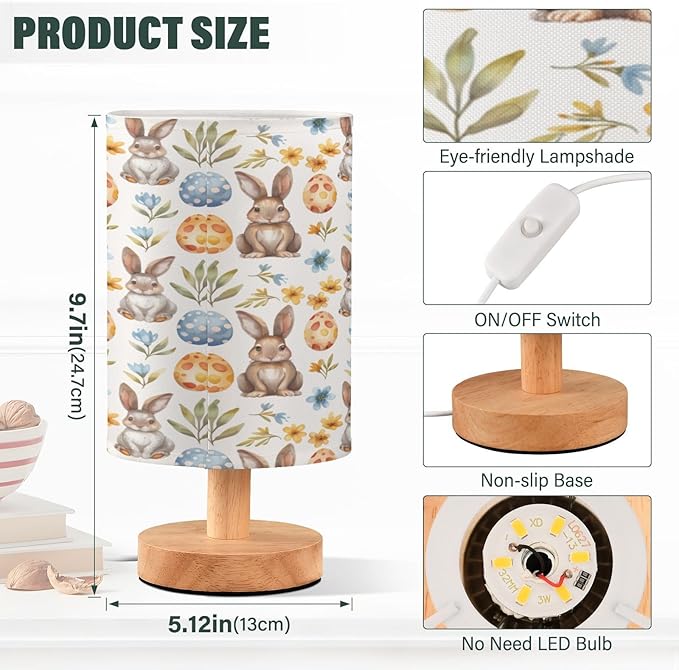 Easter Rabbits Bunny Eggs LED Table Lamp for Bedroom Bedside Lamp with USB Charging Ports Decor Nightstand for Living Room Reading Dorm Desk Home Office