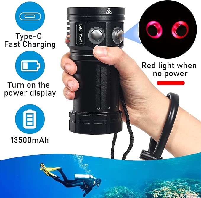 Diving Flashlight, L12 8000Lumens Dive Light,100m Underwater Video Light, Scuba Dive Lights, Underwater Flashlight with Type-C Charging for Professional Under Water Sports