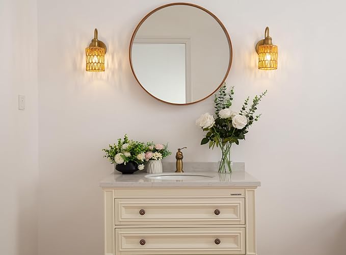 Vintage Gooseneck Sconces Wall Decor Set of 2 with Rattan Shade, Boho Wall Sconces Set of Two Hardwired Wall Lamp Fixture for Living Room Bedroom Bedside Hallway