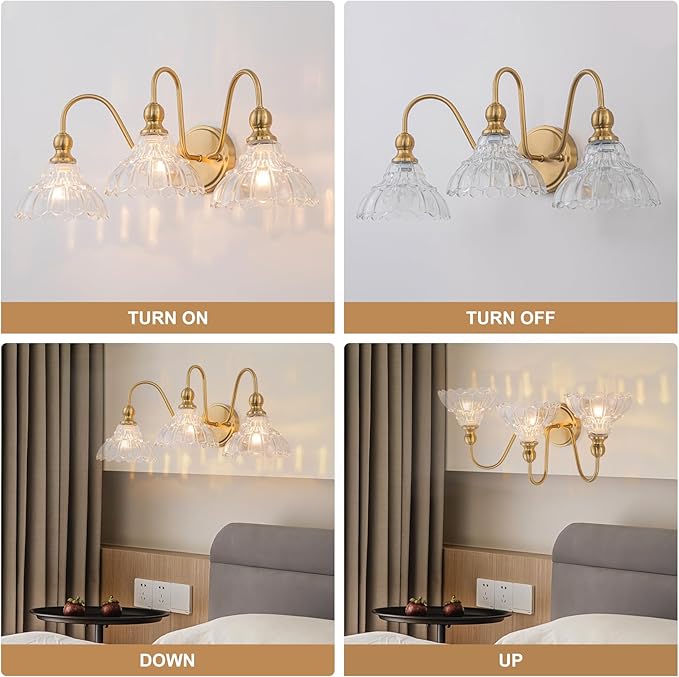 Vintage Bathroom Light Fixtures Over Mirror, 3-Light Brass Wall Sconce Lighting with Flower Glass Shade, Farmhouse Vanity Lights for Bedroom Kitchen Living Room Hallway Light