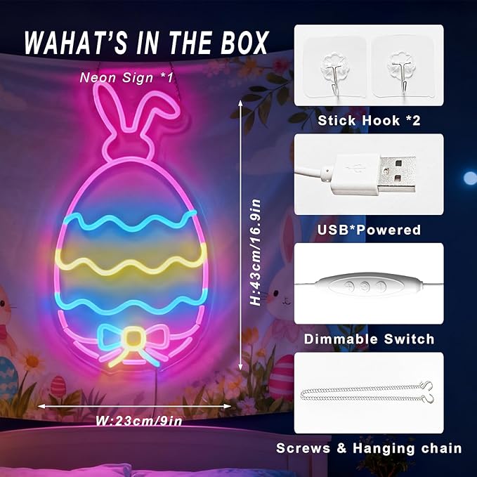 Easter Egg Neon Sign - Hidden Bunny & Colorful Eggs LED Wall Decor, USB Dimmable Spring Decor with Surprise Rabbit Design - Magical Easter Decorations for Home & Party
