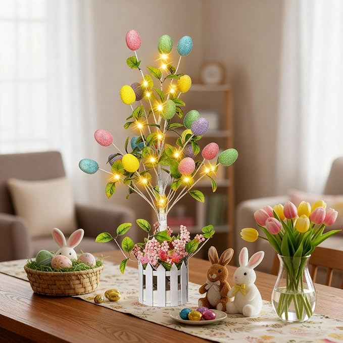 24 Inch Tall Lighted Easter Egg Tree Tabletop Decoration with LED Light Indoor Glow Easter Egg Tree Table Decor for Home Party Wedding Holiday Spring Party Decoration
