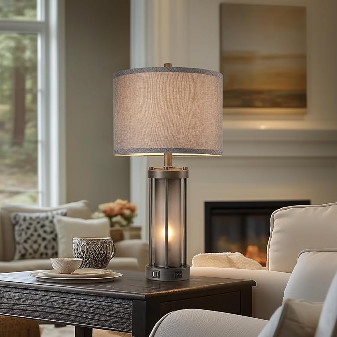 Set of 2 Rustic Table Lamps for Living Room with 2 USB Ports, Vintage Bedside Lamps with Gray Frosted Glass Night Light for Bedroom Desk Lamps for Entryway, 4 Bulbs Included