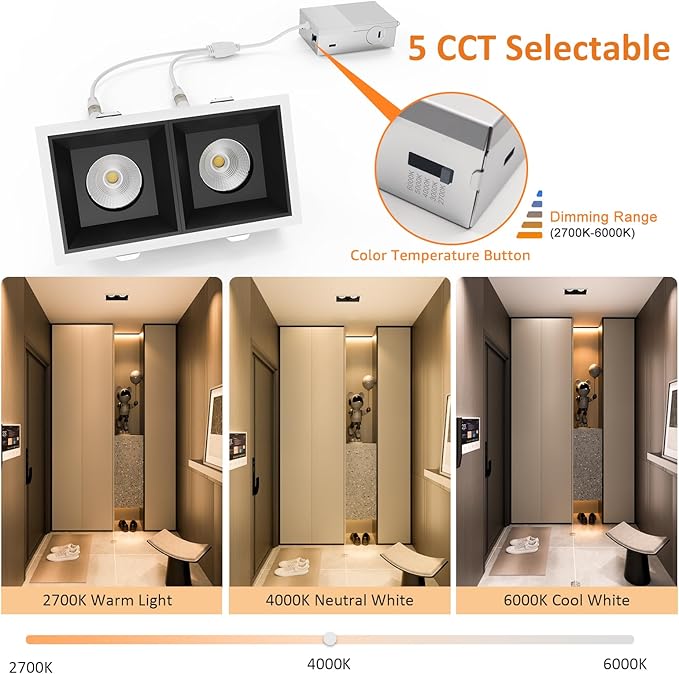 LED Square Recessed Lighting 4 Pack, 20W Adjustable Downlight, Aluminum Recessed Ceiling Light with junction Box, 5 CCT 2700K-6000K, TRIAC Dimming Rotation Spotlight for Living Room Bedroom Hallway