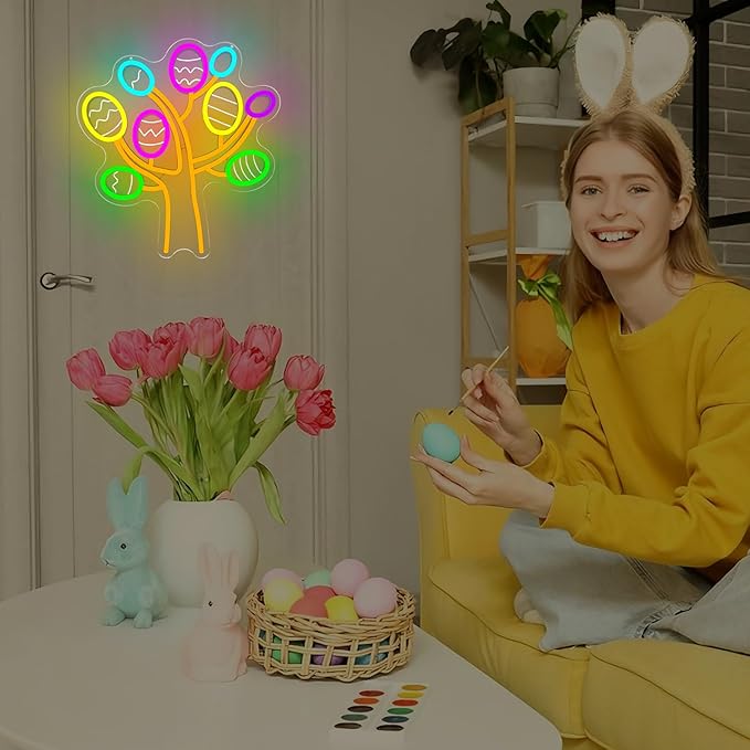 Easter Neon Sign for Wall Decor Easter Egg Tree Neon Light Egg Trees Led Sign Easter Decorations Dimmable Eggs Light Up Signs for Window Party Gifts Bedroom Holiday Spring Bar Home Business