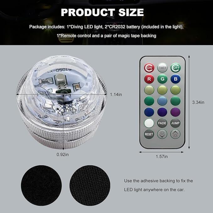 Mini Submersible LED Lights for Car, Waterproof Underwater Flameless Accent Light with Remote Control, Battery Operated Multicolor Changing Light for Vehicle Interior