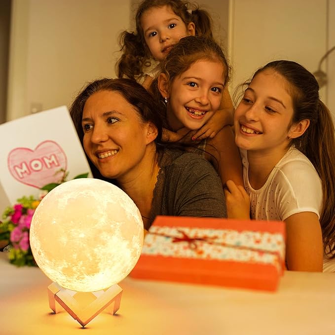 Mydethun Large Moon Lamp - 7.1" Large Valentine Table Décor, Gifts for Women and Mom, Touch-Dimmable Lamp with Wooden Base – Rechargeable Dual Color Night Light for Bedroom, Home
