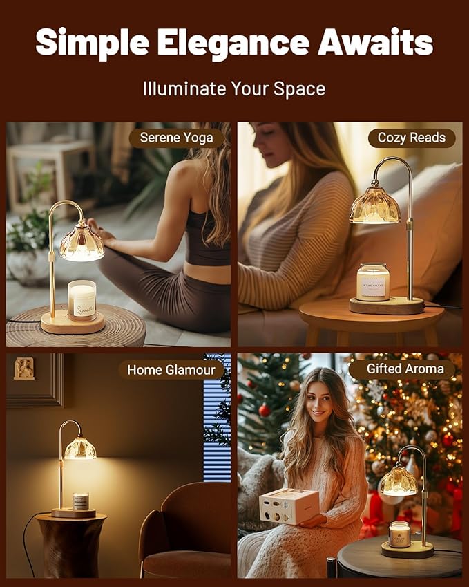 Candle Warmer Lamp, Wax Melt Warmer with Timer Dimmer, Height Adjustable, Amber Lampshade, Includes 2 Bulbs, Birthday Gifts for Women, Mom, Christmas, Housewarming