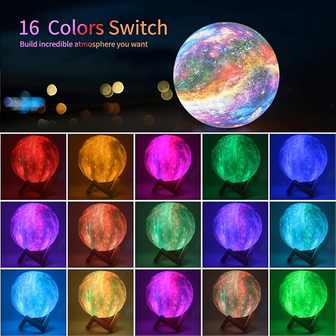 Moon Lamp Kids Night Light Galaxy Lamp - 16 Colors Moon Light with Wood Stand Remote & Touch Control USB Rechargeable Gift for Girls Lover Birthday - 5.9 inch