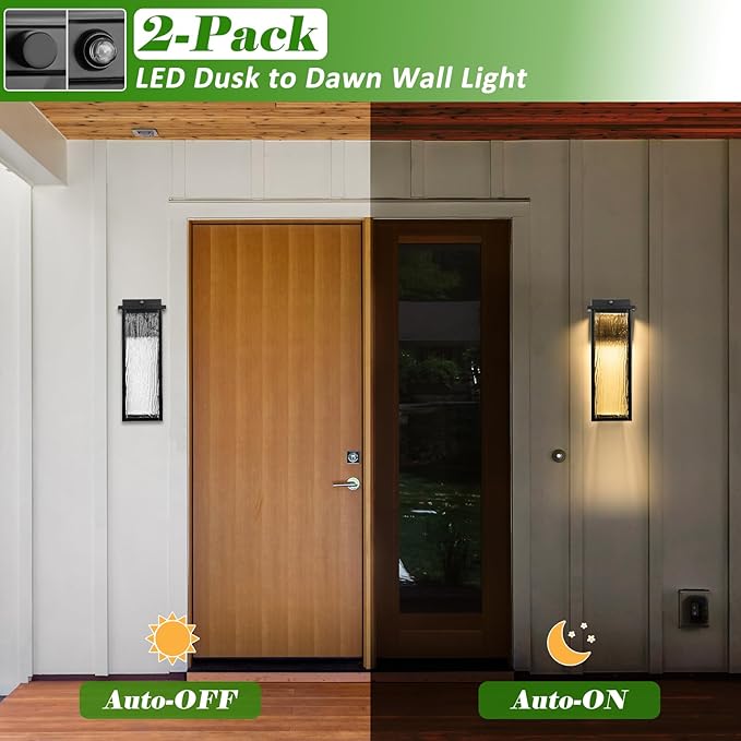 Black LED Dusk to Dawn Outdoor Lighting 2 Packs, 16" Large Outside Farmhouse Wall Lantern, Industrial Porch Wall Mount Light Fixture with Rippled Glass, Waterproof Modern Exterior Sconce Lamp