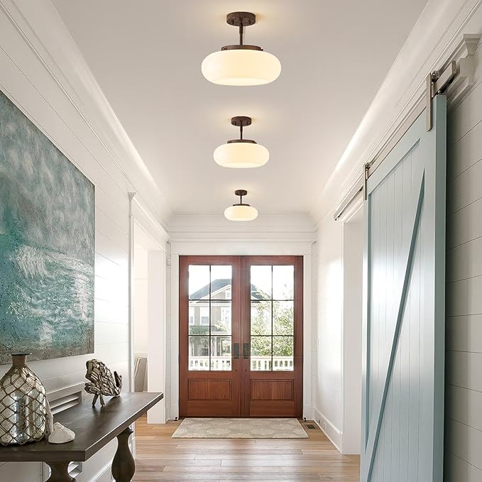 Mid-Century Modern Faux Walnut Wood Semi Flush Mount Ceiling Light, 3-Light Kitchen Light Fixtures with Glass Shade for Entryway Hallway Bathroom Bedroom (12.6 Inch)