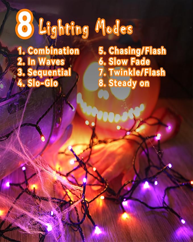 Orange Purple Solar Halloween Lights Outdoor Waterproof Halloween Decorations Outdoor Lights100 LED with 8 Modes for Party Patio Garden Tree Yard