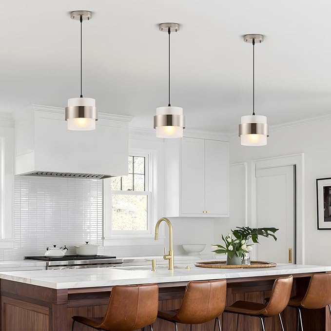 Pendant Lights Kitchen Island Lighting, 2 Pack 7 Inch Mini Glass Haning Lights for Entrance Aisle Decorative Lighting Fixture for Dining and Bar Table (Brushed Nickel with Frosted White)