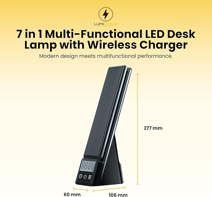 LumiCharge Charging Station with Clock - Lumi Mini 7-in-1 Multifunctional Desk Lamp with Wireless Charger Alarm and Smart Clock Display, Space Saver 10W Dimmable Lamp with Charger for Multiple Devices