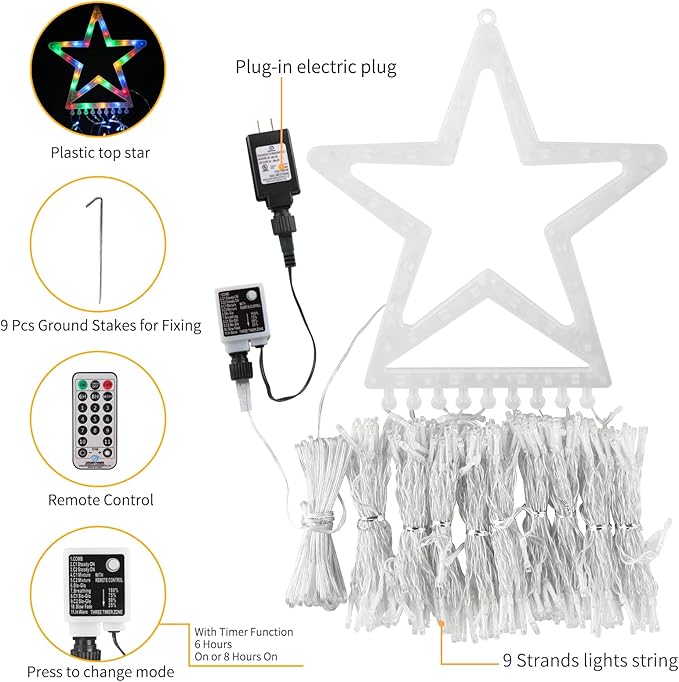 ZTX Christmas Decorations Outdoor Star Lights,320 LED 11Ft Christmas Tree Toppers Lihgts with Remote,11 Lighting Modes Waterfall Star String Light for Wedding,Halloween Party (Color Change)
