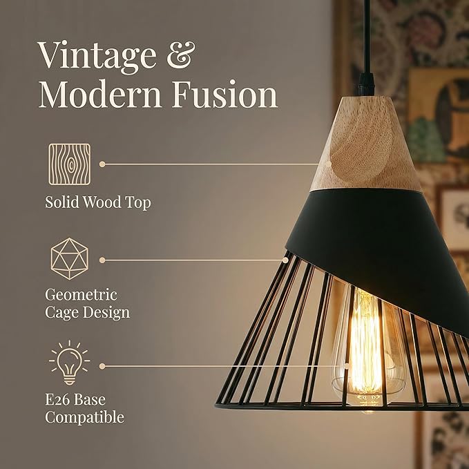 Black Farmhouse Wooden Pendant Light,Rustic Wood & Metal Pendant Lighting, Adjustable Height Hanging Ceiling Light Fixture for Kitchen Island Dining Room Bedroom Hallway