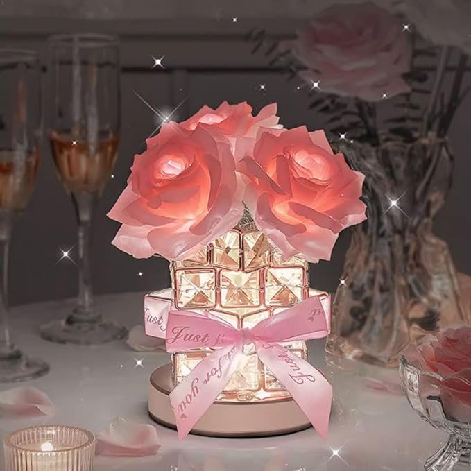 Crystal Table Lamp, Rechargeable Cordless Rose Light 3 Colors Dimmable Flower Lamp, Romantic LED Rose Diamond Lamp for Bedroom Living Pink Room Decor, Valentine Birthday Gift for Her