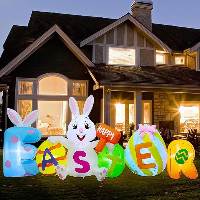 Joliyoou 8FT L Easter Inflatable Yard Decoration, Lighted Blow Up Bunny Sitting with Easter Eggs, Light Up Air Blown Rabbit Happy Easter for Spring Holiday Lawn Garden Indoor Outdoor Decors