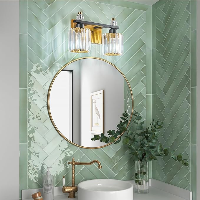Bathroom Vanity Lights 2-Light Black Gold Modern Crystal Vanity Light Fixtures Over Mirror Crystal Bathroom Vanity Lighting Fixtures