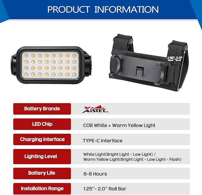 Xislet 2 Pack UTV Dome Lights, 32pcs LED Chips Type-C Rechargeable UTV Interior Light Compatible with Polaris RZR Ranger Can-Am Maverick Honda Talon 1.25"-2.0" Roll Bar Cage Roof Lights