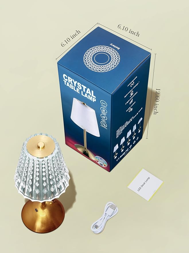 Valentines Gifts, Cordless Lamp, Crystal+Dimmable+3 Colors Rechargeable Lamp, Touch+2000mAh Battery Operated Vintage Ambient Light for Kitchen/Bedroom/Bathroom Shower, College Gifts for Teenage Girls