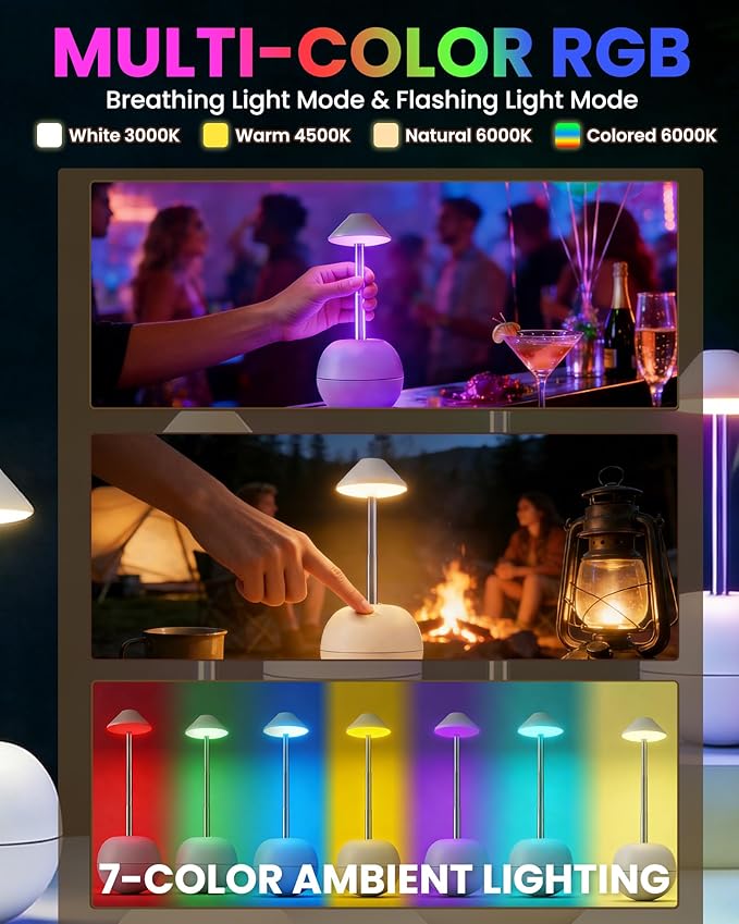 yadoker 2 Pack Cordless Table Lamps Set, Tumbler Touch Bedside Lamps with Remote Control, 2600mAh USB Rechargeable Nightstand Lamp, Dimmable Desktop Light for Home Office, Dining Room (White)
