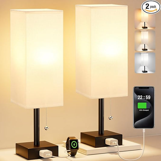 White Bedside Lamps for Bedroom Set of 2 - Small Rectangular Nightstand Lamp with AC Outlet Charging Port, 3 Color Temperatures Desk Light with Bulb, Tabletop Reading Lamp for Living Room/Dorm/Office