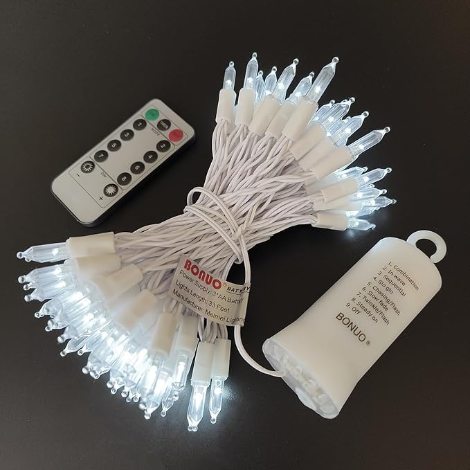 Mini Christmas Lights Battery Operated 33FT 100 LED White Wire String Lights with Remote Timer 8 Modes for Indoor Outdoor Tree Wreath Wedding Patio Decor, White