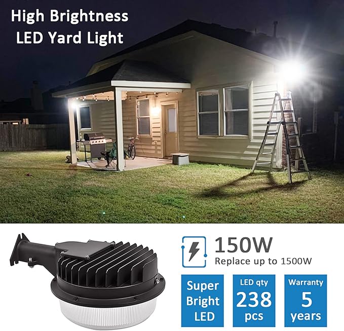 LED Barn Light 150W, Dusk to Dawn Outdoor Yard Light with Photocell Super Bright 22,500lm 5000K Daylight, 1500W MH/HPS Replacement, AC100-277V IP65 Waterproof for Farm Area Light, ETL Listed