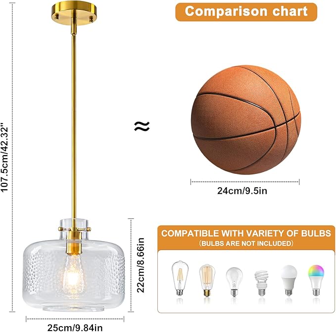 WILON Gold Pendant Lights Kitchen Island, Embossed Clear Glass Chandelier Pendant Light Fixture, Industrial Round Ceiling Pendant Light Fixture for Dining Room Kitchen Island Foyer Entryway(Brass)