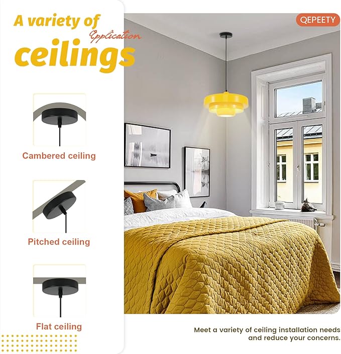 Mid Century Yellow Flush Mount Pendant Light, 3-Layer Metal Industrial Chandelier for Kitchen Island, Dining Room, Foyer, Retro Vintage Ceiling Light Fixture