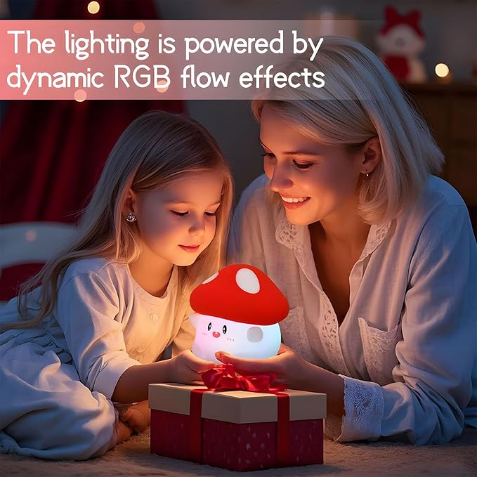 Mushroom Night Light Color Changing, 50Hrs Mushroom Lamp, Tap Control 2 Brightness & Timer, Rechargeable Squishy Night Lamp for Kids Adults, [Easter Gifts]