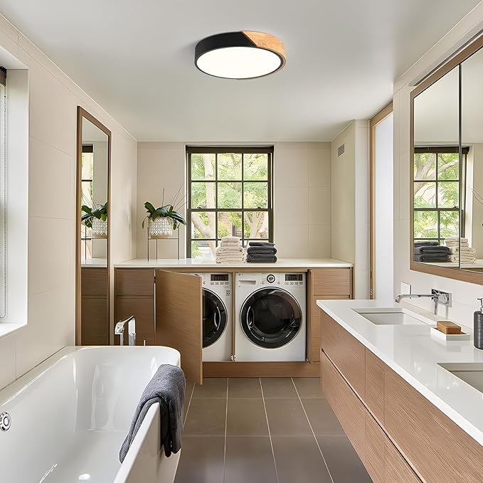 Modern Dimmable Black Flush Mount Ceiling Light Wood Close to Ceiling Lights for Bedroom Round Ceiling Lamp Lighting Fixture for Hallway Kitchen Laundry Room(11.8in)