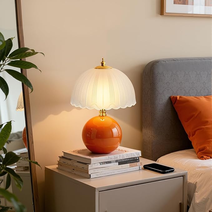PARTPHONER Mushroom Table Lamp, Ceramic Bedside Lamp with Glass Shade, 3-Way Lighting (2700K-5000K) Rocker Switch, Small Nightstand Lamp for Bedroom, Living Room, Office, Orange