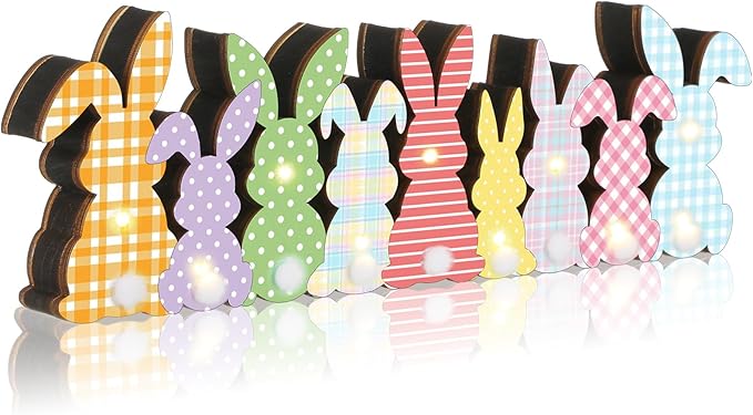 Yousoontic Easter Decorations, Bunny Easter Decor for Table with LED Lights Wood Bunny Table Centerpieces with Plush Tail 3D Block Rabbit Sign Farmhouse Decor for Spring Home Mantel Desk Office Party