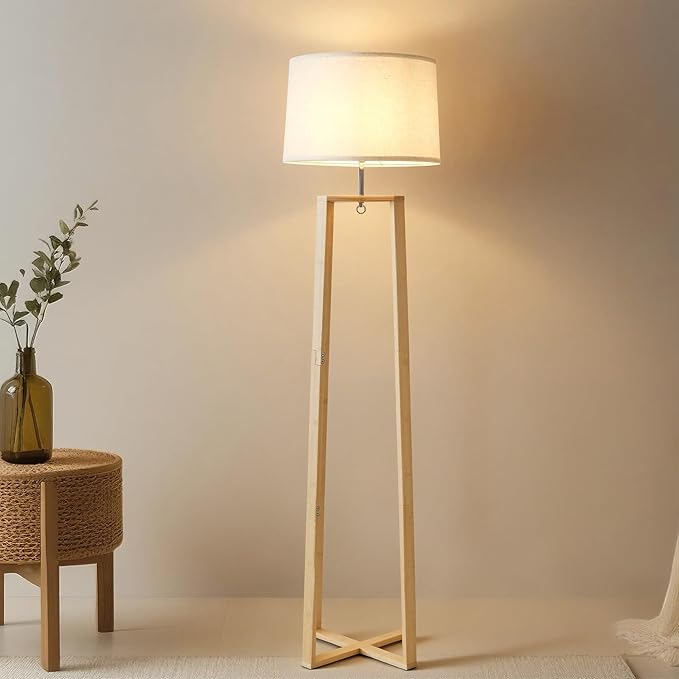 66" Bamboo Corner Floor Lamp with Linen Shade, Boho Rustic Standing Lamp for Living Room Bedroom Office, Modern Natural Tall Floor Lamp with E26 Base