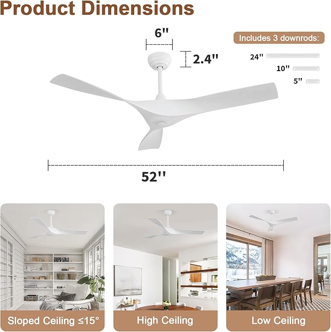 CACI Mall Ceiling Fan No Light, 52 inch Low Profile Flush Mount Modern Ceiling Fan with Remote Control and Reversible DC Motor, for Bedroom Living Room Patio Indoor Outdoor, White