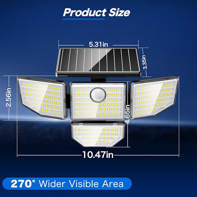 3000LM Outdoor Solar Light - Upgrade 4 Heads 188 LED Solar Motion Sensor Outdoor Lights, IP65 Waterproof Powered Light for Home Darkroom Backyard, 4 Pack