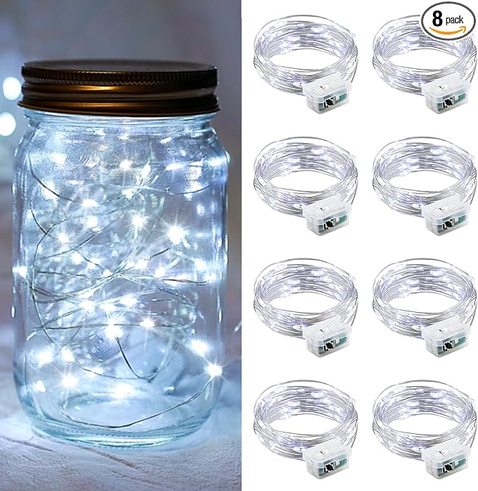8 Pack White Fairy Lights 7Ft 20 LED Twinkle String Lights 3 Modes Battery Operated Waterproof Firefly Starry for Mason Jar Wedding Party Bedroom Patio Christmas Valentines Day Table Centerpieces