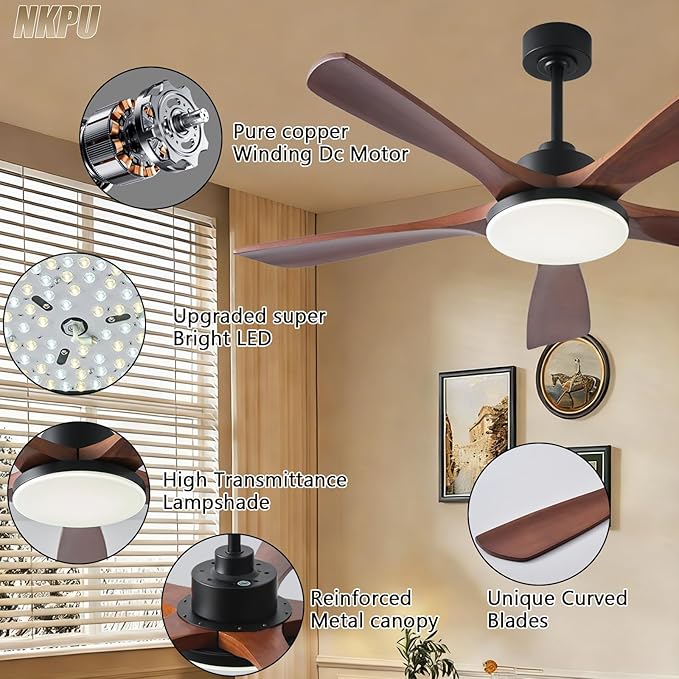 Ceiling Fans with Lights and Remote Control, 5 Solid Wood Blades, 3CCT Dimmable, Quiet DC Motor, 56 Inch Modern Outdoor Ceiling Fans for Bedroom Farmhouse Patios