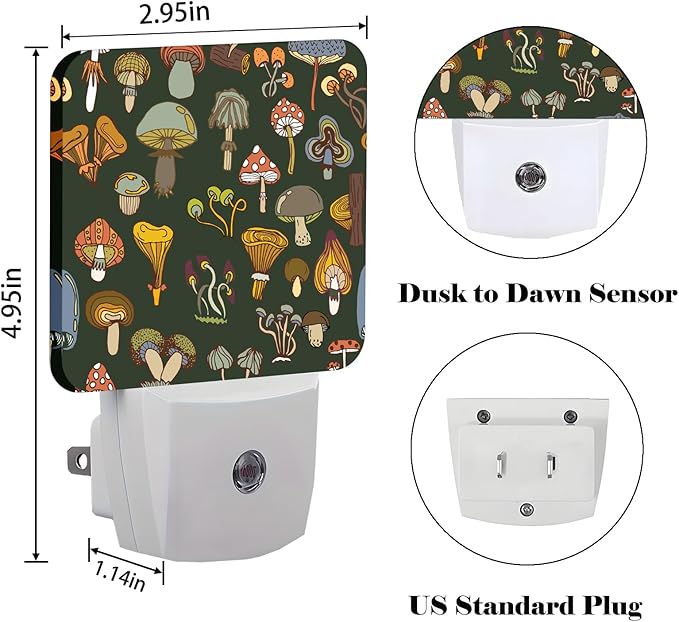 Various Mushrooms Night Light,Plug Into Wall with Dusk to Dawn Light Sensors, Warm Nightlights for Bedroom, Bathroom, Hallway, Kitchen, Gifts Ideal for Boys Girls Women Men
