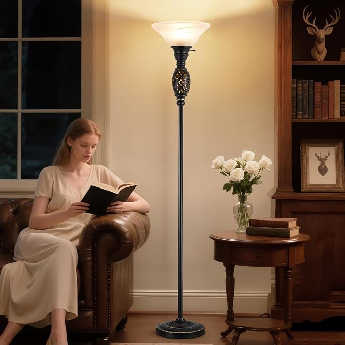 Vintage Floor Lamp with Nightlight, 70" Rustic Standing Lamp with Glass Shade, Victorian Style Tall Lamp Decor for Living Room Bedroom Study Home Office Corner (Bulb Included)